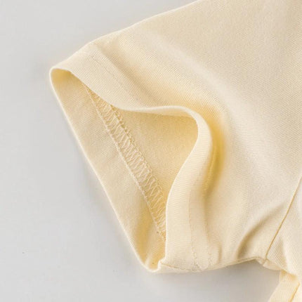 Summer Girls Short-Sleeved Rice Apricot T-Shirt Cotton - close-up of soft cotton short sleeve and seam detail for girls 3–8, breathable summer tee