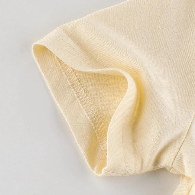 Summer Girls Short-Sleeved Rice Apricot T-Shirt Cotton - close-up of soft cotton short sleeve and seam detail for girls 3–8, breathable summer tee