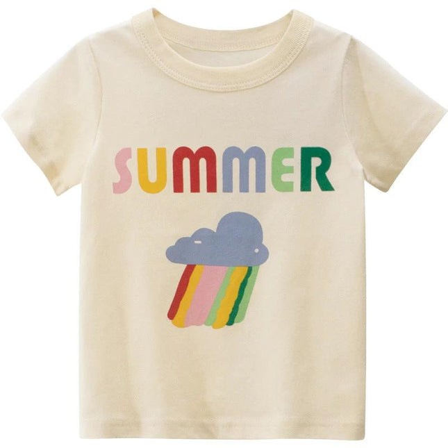 Summer Girls Short-Sleeved Rice Apricot T-Shirt Cotton - cream cotton tee with colorful SUMMER text and rainbow cloud print for girls ages 3–8