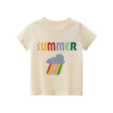 Summer Girls Short-Sleeved Rice Apricot T-Shirt Cotton - 100% cotton cream tee with colorful SUMMER print and rainbow cloud, girls sizes 3–8