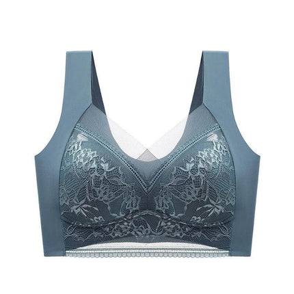 Summer Ice Silk Seamless Bras L to 6L for Everyday Comfort - blue lace seamless full-cup bra, breathable nylon base, lightweight under T-shirts
