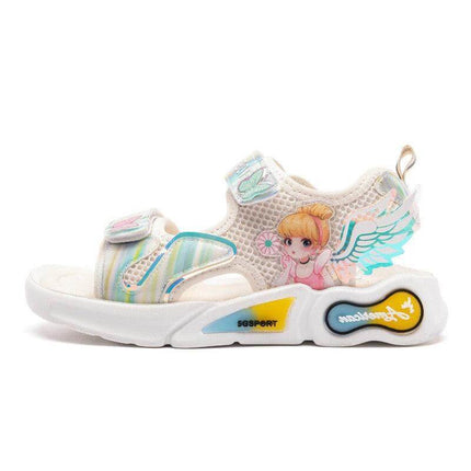 Sunshine Princess Girls Sandals Breathable Non Slip white mesh toddler sandal with princess wing graphic, TPU overlays and non-slip sole