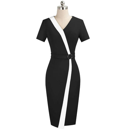 Cotton Business Party Dress For Work Events Tailored Fit - black tailored cotton sheath with white trim, belt and knee-length straight skirt