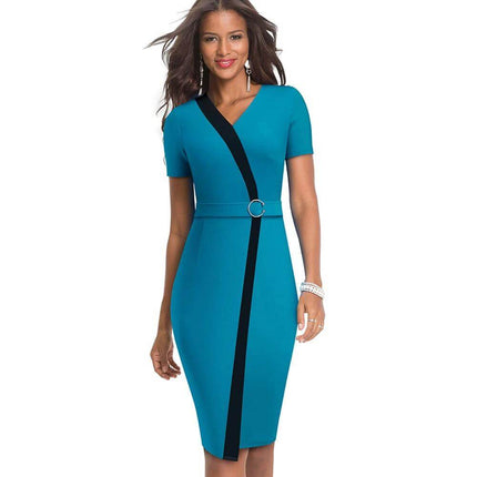 Cotton Business Party Dress For Work Events Tailored Fit in teal fitted sheath with black trim, structured waist and knee‑length straight skirt