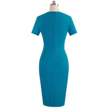 Cotton Business Party Dress For Work Events Tailored Fit in teal, tailored waist and straight skirt, back zip, knee‑length professional style