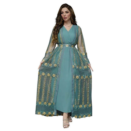 Chiffon Vest Dress For Everyday Wear Ideal For Work And Casual Outings - teal embroidered long chiffon vest dress with belt, long sleeves, sizes S-XXL