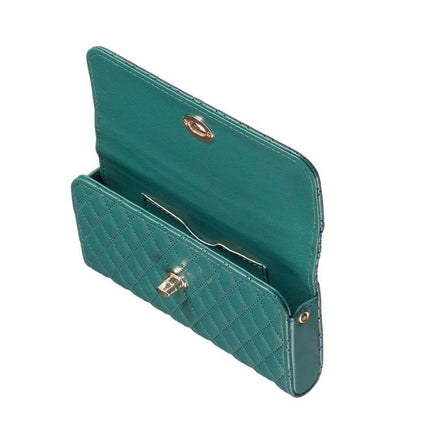 Crossbody PU Horizontal Bag for Large Capacity Everyday Essentials teal quilted PU leather open view showing interior pockets and gold clasp