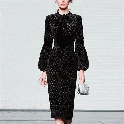 Temperament Slim Dress With Lantern Sleeves For Daywear in black check with stand-up collar, high waist and puff lantern sleeves, styled with small clutch