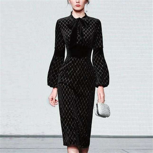 Temperament Slim Dress With Lantern Sleeves For Daywear in black check with stand-up collar, high waist and puff lantern sleeves, styled with small clutch