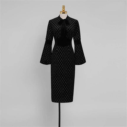 Temperament Slim Dress With Lantern Sleeves For Daywear on mannequin, checked slim silhouette, stand-up collar and long lantern sleeves