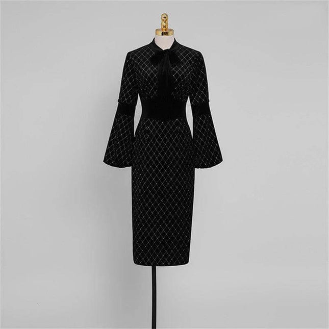 Temperament Slim Dress With Lantern Sleeves For Daywear on mannequin, checked slim silhouette, stand-up collar and long lantern sleeves