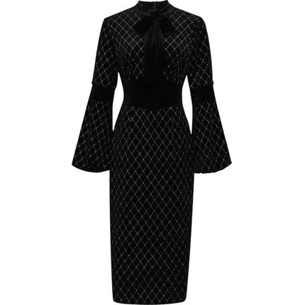 Temperament Slim Dress With Lantern Sleeves For Daywear in black check pattern with stand-up collar, high waist and long lantern sleeves