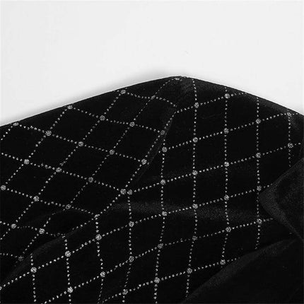 Temperament Slim Dress With Lantern Sleeves For Daywear black check fabric close-up with rhinestone grid pattern and velvet texture