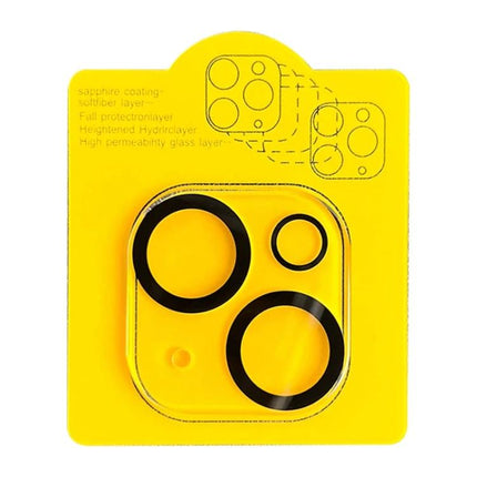 Tempered Glass Camera Lens Protector For iPhone Multi Lens on yellow packaging showing three black lens rings and alignment diagram