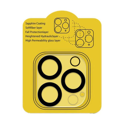 Tempered Glass Camera Lens Protector For iPhone Multi Lens showing ultra-thin multi-layer rings and protective coatings on yellow backing
