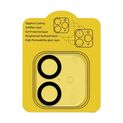 Tempered Glass Camera Lens Protector For iPhone Multi Lens showing ultra-thin dual-ring protector, layer diagram and bubble-free static adhesion packaging