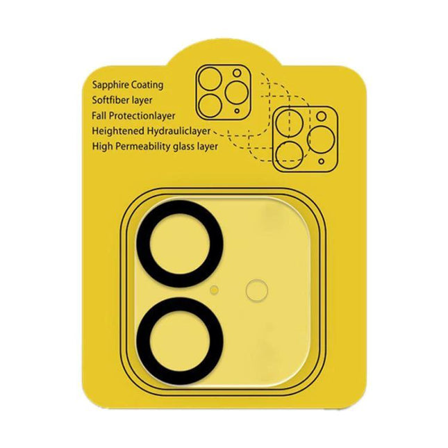 Tempered Glass Camera Lens Protector For iPhone Multi Lens showing ultra-thin dual-ring protector, layer diagram and bubble-free static adhesion packaging