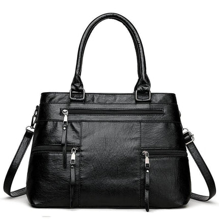 Textured PU Soft Commuter Shoulder Bag For Everyday - black grained PU crossbody with multiple zip pockets, lightweight hands-free commuter tote