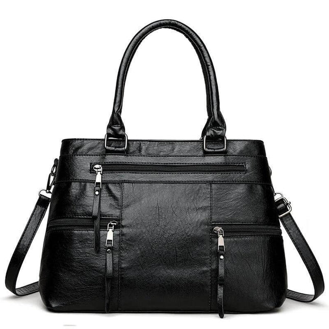 Textured PU Soft Commuter Shoulder Bag For Everyday - black grained PU crossbody with multiple zip pockets, lightweight hands-free commuter tote