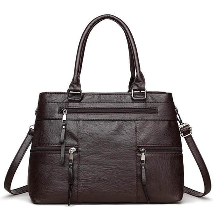 Textured PU Soft Commuter Shoulder Bag For Everyday in dark brown grained PU with multiple zip pockets and detachable crossbody strap