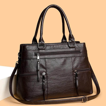 Textured PU Soft Commuter Shoulder Bag For Everyday - dark brown grained PU commuter tote with multiple zip pockets and detachable crossbody strap