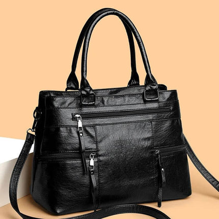 Textured PU Soft Commuter Shoulder Bag For Everyday - black grained PU compact commuter bag with multiple zip pockets and adjustable strap