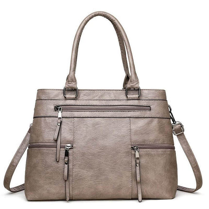 Textured PU Soft Commuter Shoulder Bag For Everyday - taupe grained PU medium-soft structured shoulder bag with multiple zip pockets