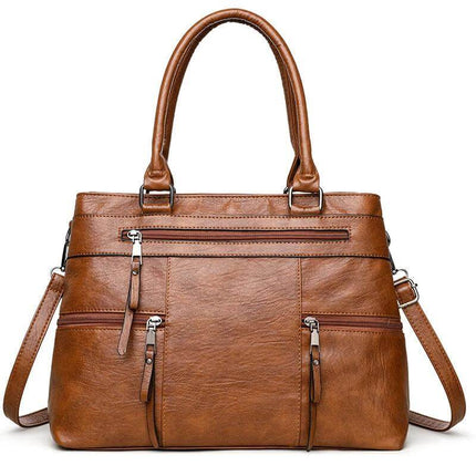 Textured PU Soft Commuter Shoulder Bag For Everyday - brown grained PU compact commuter bag with multiple zip pockets and shoulder strap