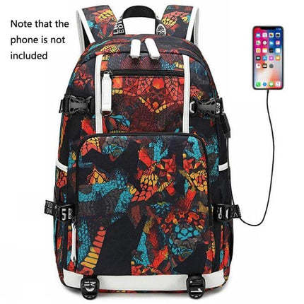 Thermal Transfer Casual Backpack for School Daily Use with colorful butterfly print, water-repellent Oxford cloth, front pockets, and USB charging port