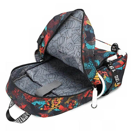 Thermal Transfer Casual Backpack for School Daily Use - colorful water-repellent Oxford cloth backpack open to show padded 14-inch laptop compartment and organized interior pockets