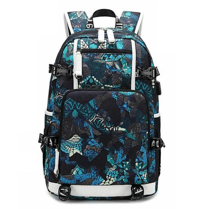 Thermal Transfer Casual Backpack for School Daily Use in blue black mosaic pattern, water-repellent Oxford cloth, 14-inch laptop compartment