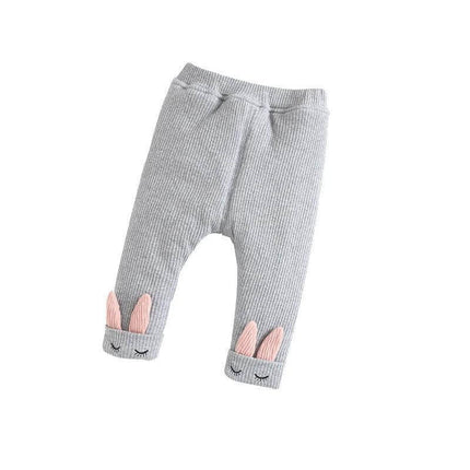 Three Layer Quilted Kids Pants For Winter Everyday Wear - gray cotton toddler pants with quilted lining and pink bunny-ear cuffs age 1-3