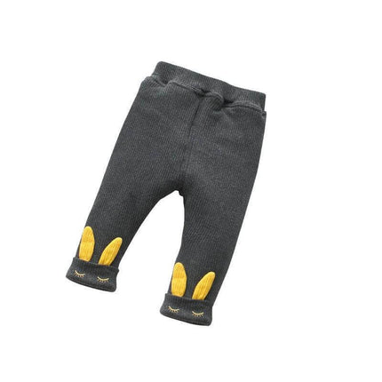Three Layer Quilted Kids Pants For Winter Everyday Wear - charcoal knit toddler pants with yellow bunny ear cuffs, warm three-layer cotton quilted design