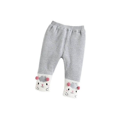 Three Layer Quilted Kids Pants For Winter Everyday Wear - gray toddler pants with cute animal cuffs, three-layer quilted cotton for ages 1–3