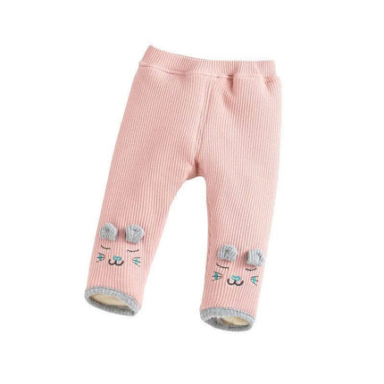 Three Layer Quilted Kids Pants For Winter Everyday Wear - pink ribbed toddler pants with animal face and pom pom details, ages 1–3