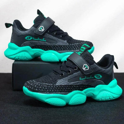 Tiger Boys Sneakers Velcro Closure for Everyday Play - black breathable fabric kids sneakers with teal MD sole and easy Velcro strap