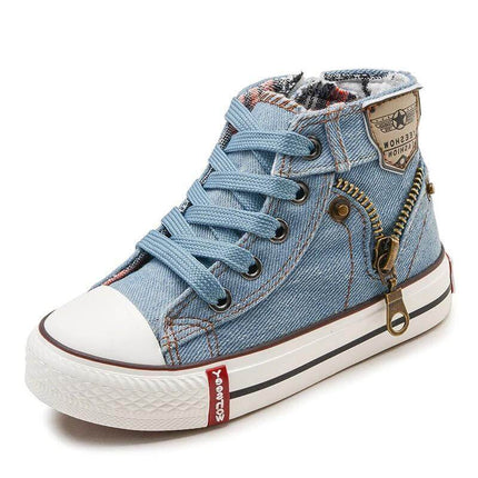 Toddler Boys Spring Canvas Shoes Casual Everyday Wear - denim high-top toddler sneaker with zipper detail for preschool, park, daycare