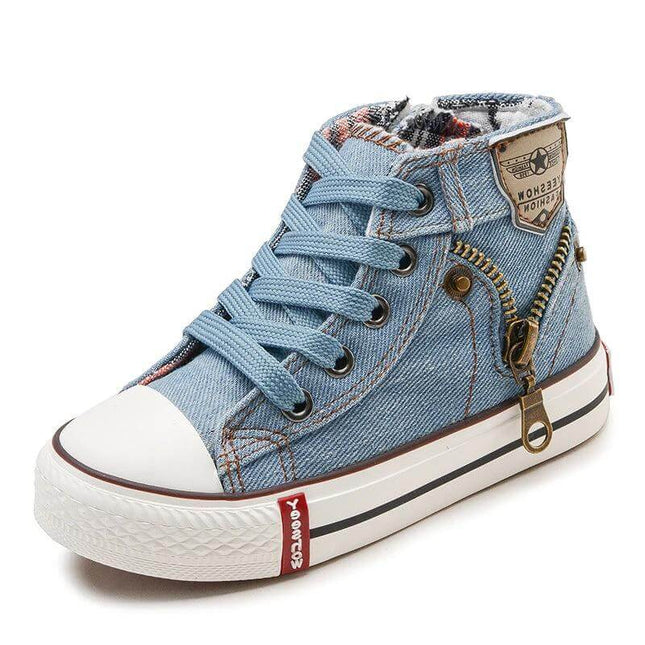 Toddler Boys Spring Canvas Shoes Casual Everyday Wear - denim high-top toddler sneaker with zipper detail for preschool, park, daycare