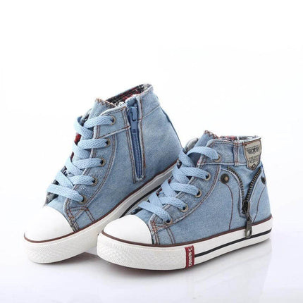 Toddler Boys Spring Canvas Shoes Casual Everyday Wear - lightweight blue denim high-top canvas shoes for preschool, park, daycare and family outings