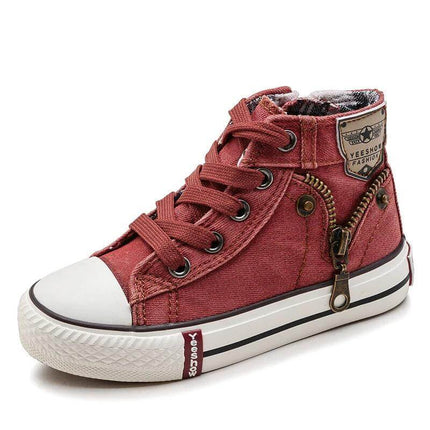Toddler Boys Spring Canvas Shoes Casual Everyday Wear - red high-top canvas toddler sneaker with zipper detail, lightweight preschool and park shoe