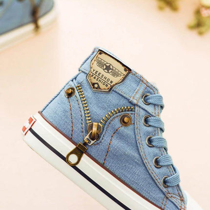 Toddler Boys Spring Canvas Shoes Casual Everyday Wear denim high-top with zipper detail, breathable lightweight preschool and park shoe