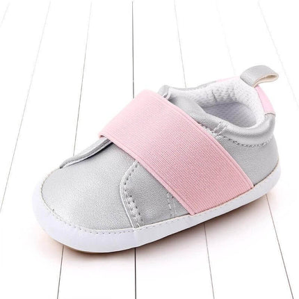Toddler Casual Sneakers With Non Slip Rubber Sole For Play - grey artificial PU baby sneaker with pink elastic strap, breathable low-tube design for everyday play