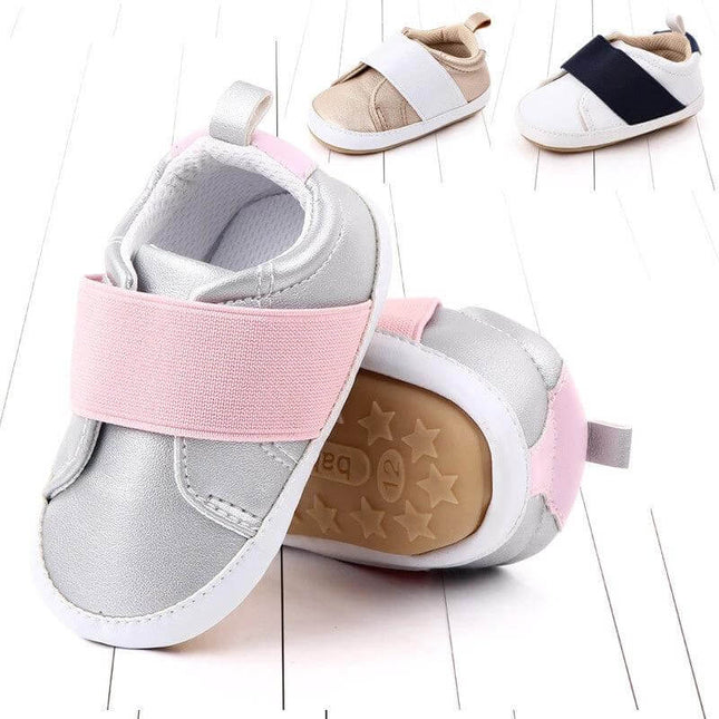 Toddler Casual Sneakers With Non Slip Rubber Sole For Play - pink grey PU low-tube baby shoes with velcro strap, breathable everyday play and nursery footwear