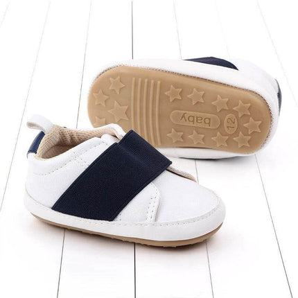 Toddler Casual Sneakers With Non Slip Rubber Sole For Play - white navy baby shoes with elastic strap, artificial PU upper and star-grip rubber sole