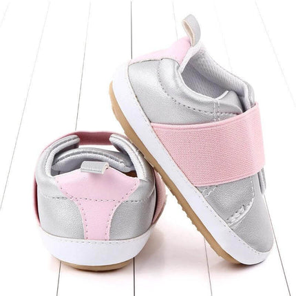 Toddler Casual Sneakers With Non Slip Rubber Sole For Play - silver pink artificial PU low-tube baby shoes with breathable lining and easy on/off strap