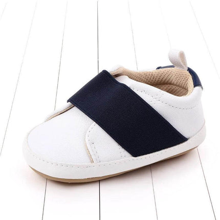 Toddler Casual Sneakers With Non Slip Rubber Sole For Play - white artificial PU baby sneaker with navy strap, breathable lining and easy on/off design