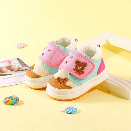 Toddler Cotton Shoes With Cartoon Graffiti For Early Walkers - pastel pink blue cotton baby shoes with bear patch, non-slip PU sole for early walkers
