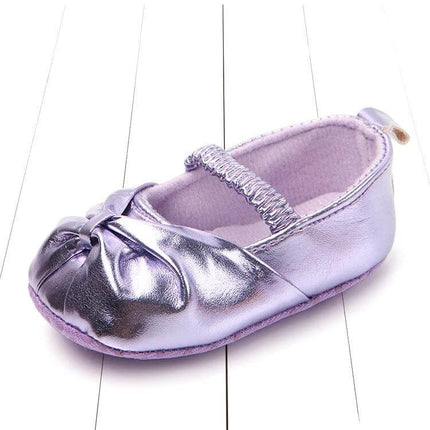 Toddler Girls Bow Shoes With Elastic Band Size 10 10cm - soft purple PU baby shoe with decorative bow and elastic strap for early walkers