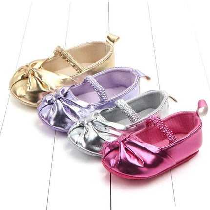 Toddler Girls Bow Shoes With Elastic Band Size 10 10cm - metallic pink purple silver gold soft PU early walker shoes with bow and elastic band