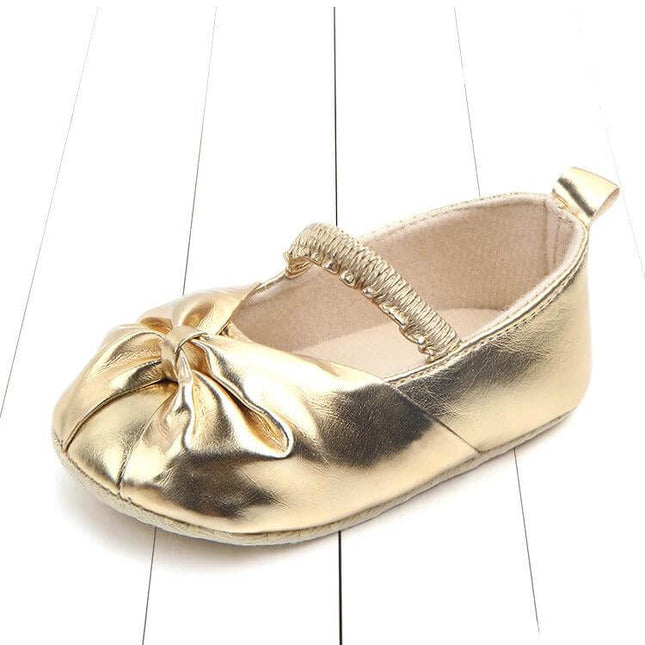 Toddler Girls Bow Shoes With Elastic Band Size 10 10cm - gold PU bow baby shoe with elastic band closure for early walkers